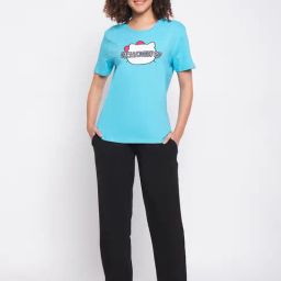 Clovia Sky Blue & Black Cotton Printed T-Shirt With Pyjamas-image-78
