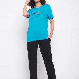 Clovia Blue & Black Cotton Printed T-Shirt With Pyjamas-image-14