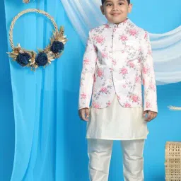 VASTRAMAY Boys Peach & Cream Floral Full Sleeves Kurta Sets-image-84