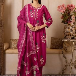 SHIVARA Floral Printed High Slit Sequinned Pure Cotton Kurta With Trousers & Dupatta-image-78