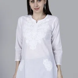 NAZAQAT ETHNIC INDIA Floral Embroidered Notch Neck Chikankari Cotton Straight Short Kurta-picture-38