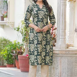 Pistaa Floral Printed V-Neck Straight Pure Cotton Kurta With Trousers-20