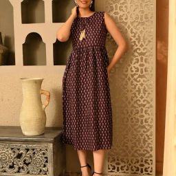 DECKEDUP Purple Cotton Printed Sleeveless Dress-image-84