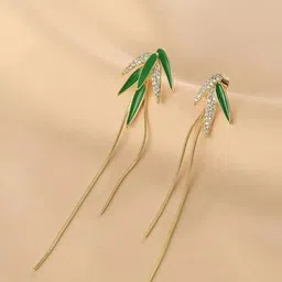 FIMBUL Gold-Plated Rhinestone Studded Leaf Shaped Drop Earrings-2