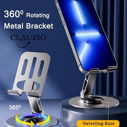 CLAUZIO Mobile Stand, 360° Rotatable & Foldable Tabletop Phone Stand for Table, Multiple Height & Angle Adjustments, Stable Metalic Round Base with Silicon Pad, Compatible with All Smartphones image 2