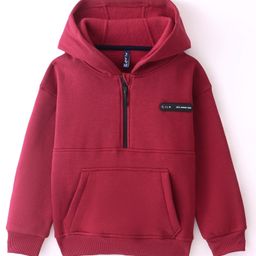 Little Kangaroos Fleece Knit Full Sleeves Hoodies With Back Text Print - Maroon-image-99