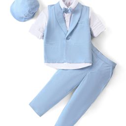 Babyhug Knit Full Sleeves Solid Color Party Suit with Stretch Waistcoat & Cap - White & Sky Blue-image-96