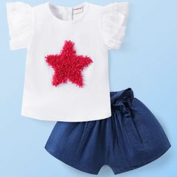 Babyhug Cotton Knit Half Sleeves Top & Denim Shorts Set With Star Applique - White & Blue-image-67