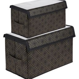 Kuber Industries Drawer Storage Box  Clothes Drawer Organizer with Handle  Transparent Lid with Velcro  Wardrobe Organizer for Books  Golden-Dot Dhakkan Storage Box  S  M  Pack of 2  Black-57