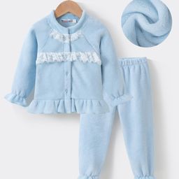 Kookie Kids Full Sleeves Winter Wear Night Suit with Frill Detailing - Blue-picture-27