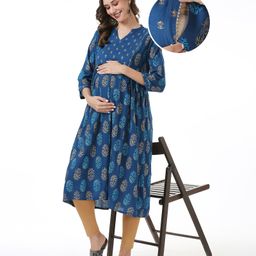 Bella Mama Woven Three Fourth Sleeves Gold Printed Maternity Kurta with Side Pocket & Highlighted Yoke - Blue-image-8