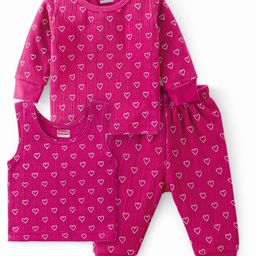 Babyhug Full Sleeves Vest Pullover & Thermal Wear Pant Heart Print Pack Of 3 - Wine-image-52