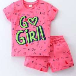 Olio Kids Cotton Lycra Half sleeves Night Suit with Tropical & Text Print - Pink-image-82