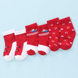 Doodle Poodle Cotton Knit Ankle Length Boat And Star Print Socks Pack of 3- Red & White-image-76
