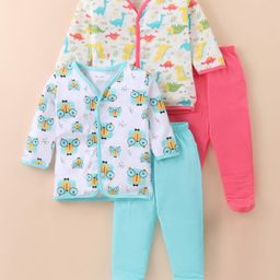 OHMS Single Jersey Knit Full Sleeves Night Suits With Animals Print Pack Of 2 - Aqua Blue & Dark Pink-image-87