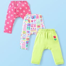 Babyhug Interlock Full Length Comfort Fit Diaper Leggings Floral Print Pack of 3 - Dark Pink White & Light Green-image-28