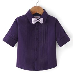 Babyhug Cotton Woven Full Sleeves Party Shirt Solid Colour with Pintuck Design & Bow - Purple-image-62
