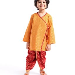Babyhug Woven Full Sleeves Floral Printed Kurta Dhoti Set with Pair of Booties & Paghdi - Mustard & Red-image-96