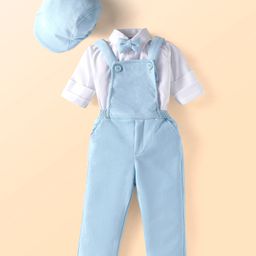 Babyhug Woven Full Sleeves Party Wear Shirt With Dungaree Suspendors & Cap -Light Blue-image-41