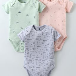 IBears Interlock Knit Half Sleeves Onesies With Duck & Vehicle Print Pack of 3 - Pink Purple & Green-image-58