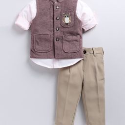 LITTLE COLLARS Full Sleeves Sequins Embellished Owl Designed Three Piece Party Suit Set - Burgandy-image-14