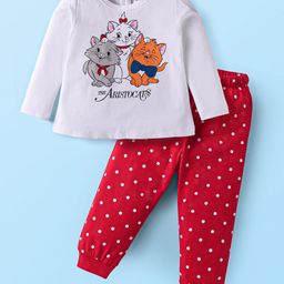 Babyhug Disney Single Jersey Knit Full Sleeves Night Suit With Marie & Friends Graphic - Red & White-picture-29