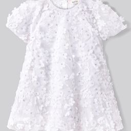 Bonfino Woven Half Sleeves Party Dress With Floral Applique - White-image-18