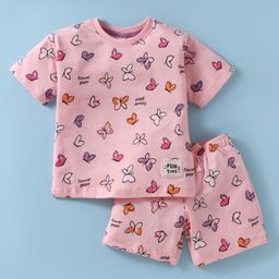 CUCUMBER Sinker Knit Half Sleeves Shorts Night Suit with Butterfly Print -Pink-image-91