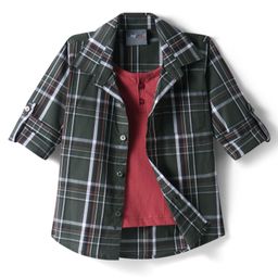 Dapper Dudes Full Sleeves Checked Shirt With Attached Tee - Dark Green-image-11