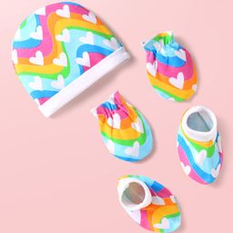 Babyhug 100% Cotton Interlock Knit Cap Mittens & Booties Set with Heart Print & Color Block Design Multicolor - Diameter 17 cm-image-56