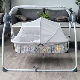 Babyhug Electric Cradle With Remote Control | 5 Swing Speeds| 4 Pre-set Off Timer| Built-in Music and AUX Facility| Compact Fold| Washable Fabric| Soft Padded Cushion| Mosquito Net - Light Grey-2