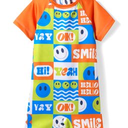 Babyhug Half Raglan Sleeves Water Repellent Emojis Print Legged Swimsuit - Orange-image-87