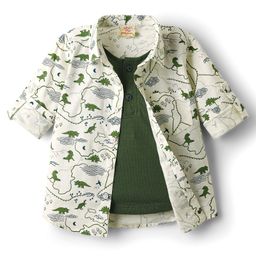 Rikidoos Full Sleeves Dinosaur Printed Shirt With Attached Tee - Off White & Green-image-22