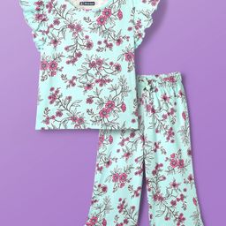 Pine Kids Cotton Knit Frill Sleeves Co-ords Capri Night Suit with Floral Print - Sea Green-image-67