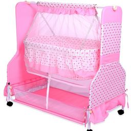 Infanto Cocoon Baby Swing Cradle / Jhula / Palna with Large Storage , 360 Lockable Wheels, Sturdy Frame, Large Mosquito Net, Swing Lock ,Soft cushion mattress- PINK-27