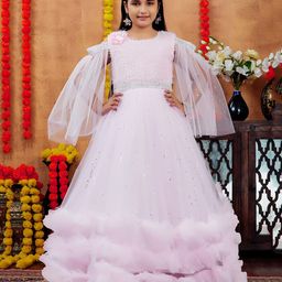 Aarika Net Woven Cold Shoulder Sleeves Polka Dots Foil Printed Ruffles Detailed Gown - Pink-image-13