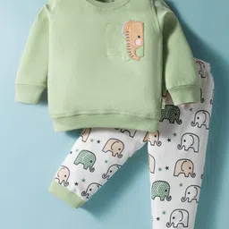 Child World Interlock Knit Full Sleeves T-Shirt & Joggers Set With Animal Patch - Light Green & White-picture-22