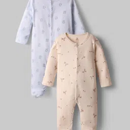 I Bears Interlock Knit Full Sleeves Footed Sleep Suits with Bear Print Pack of 2 - Beige & Light Blue-picture-6