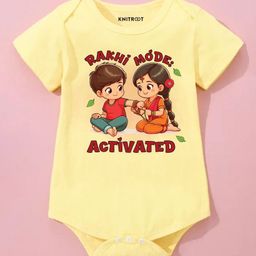 KNITROOT Cotton Lycra Knit Raksha Bandhan Theme Half Sleeves Rakhi Mode Activated Text Printed Onesie - Yellow-image-89