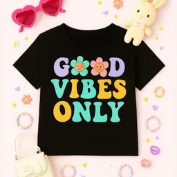 Luke and Lilly Cotton Knit Half Sleeves Good Vibes Only Text Printed Tee - Black-picture-2