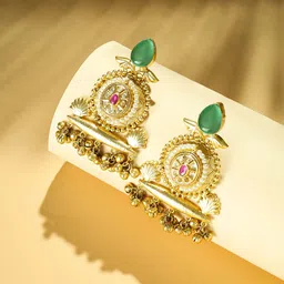 Yinara Gold-Plated Artificial Stones Studded Contemporary Shaped Drop Earrings-13