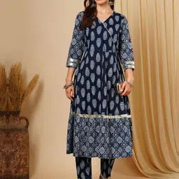 Globus Blue Ethnic Motifs Printed Angrakha Gotta Patti Pure Cotton Kurta with Trousers-picture-52