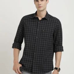 Turtle Black Cotton Slim Fit Chequered Shirt-image-72