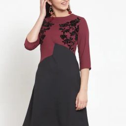 KASSUALLY Maroon & Black Floral Print A Line Dress-image-85