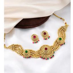 Peora Gold Plated Red Green Synthetic Stone & Beads Necklace and Earrings Set-image-76