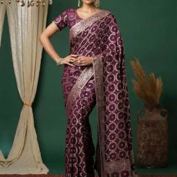 Satrani Wine Cotton Silk Woven Saree With Unstitched Blouse-image-74