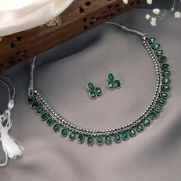 Peora Silver Plated Green Synthetic Stone Studded Choker Necklace Stud Earrings Set-image-81