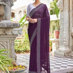 Satrani Wine Embellished Saree With Unstitched Blouse-image-51