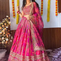 FABPIXEL Embroidered Sequinned Shibori Semi-Stitched Lehenga & Unstitched Blouse With Dupatta-image-86