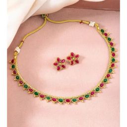 Peora Gold Plated Pink Green Synthetic Stone Studded Necklace Stud Earrings Set-image-34